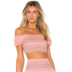 NWT‎ Lovers and Friends Kora Top Pink Lemonade Cropped Smocked Off the Shoulder